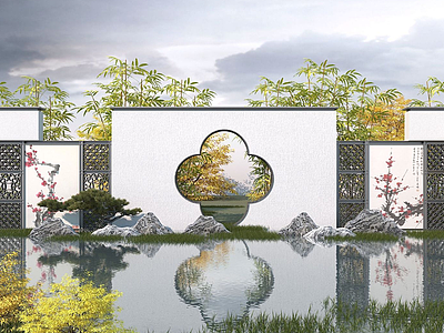 3d新中式园林景观墙模型