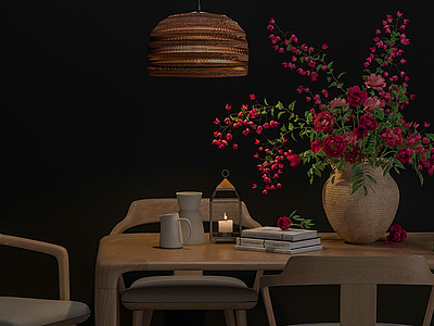 木桌椅花瓶组合模型3d模型