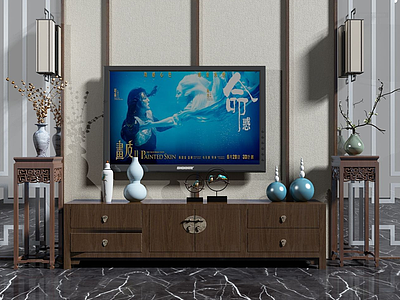 中式电视背景墙模型