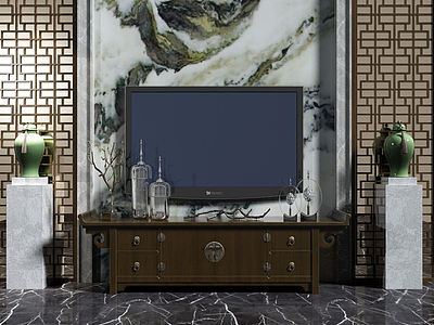 中式电视背景墙模型