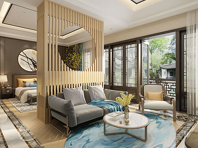 中式风格开放客厅卧室3d模型