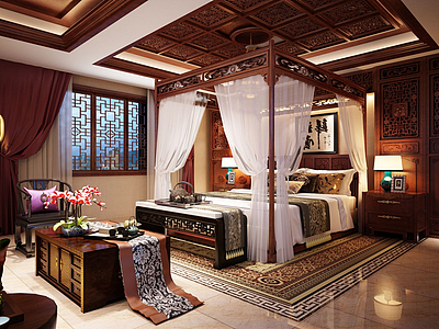 中式复古卧室3d模型