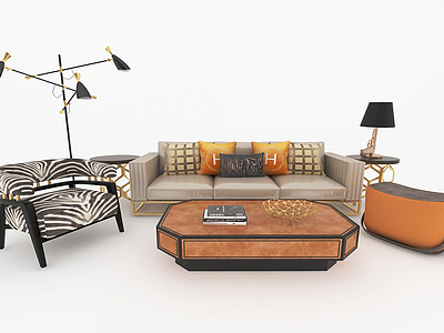 3d美式沙发茶几组合模型