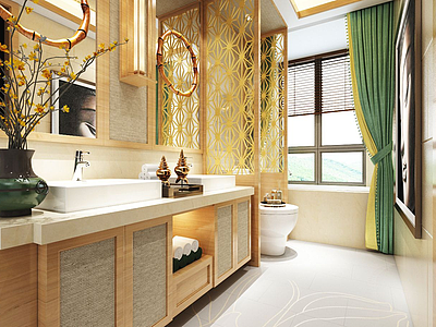 3d新中式双洗手台卫生间模型