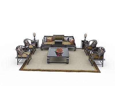 3d中式客厅实木家具椅组合模型