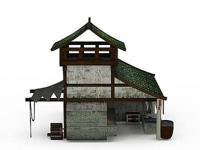 古代二层房模型