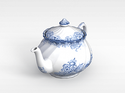 3d蓝白刻花茶壶模型