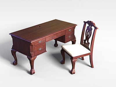 3d实木书桌椅组合模型