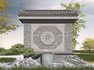 中式园林照壁3d模型