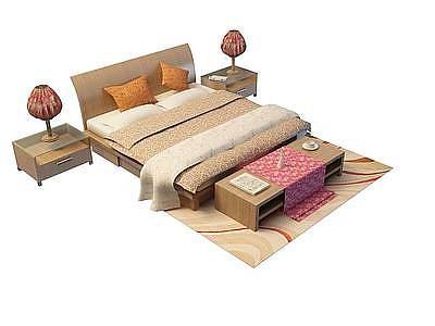 3d卧室实木双人床免费模型