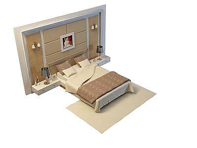 3d简约新现代床头背景双人床免费模型