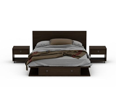 3d褐色实木床免费模型