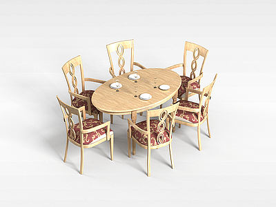 6人白木餐桌椅组合模型3d模型