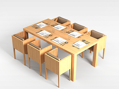 3d实木六人餐桌椅模型