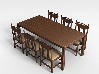 3d6人实木餐桌椅模型