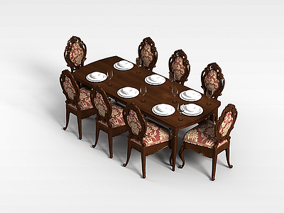 3d古典实木餐桌椅模型