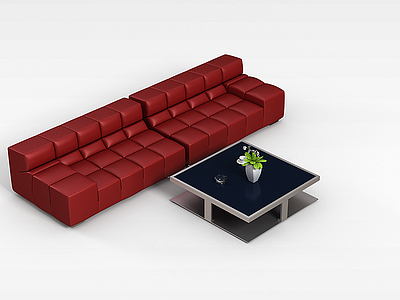 红色沙发茶几组合模型
