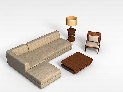 3d米色沙发茶几组合模型