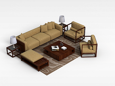 木质沙发茶几组合模型