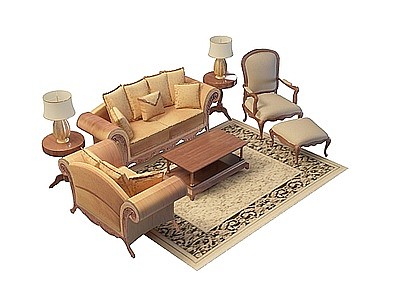 美式沙发茶几组合模型