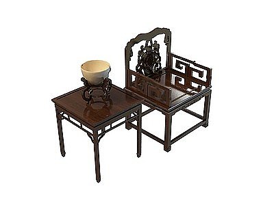 中式棕木桌椅组合模型