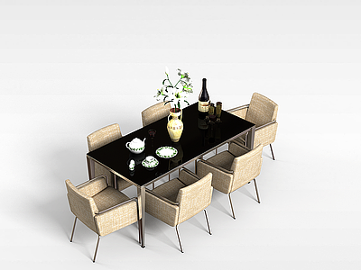 3d六人餐桌椅组合模型