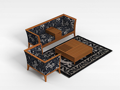 3d实木沙发茶几组合模型