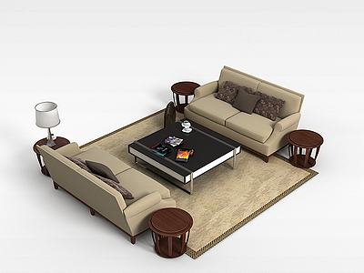 3d四人沙发茶几组合模型