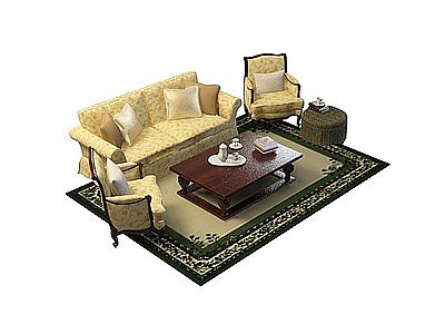 3d淡黄色沙发茶几组合模型