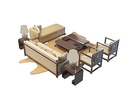 中式客厅沙发茶几模型