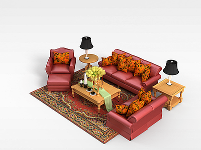 3d客厅皮质沙发茶几组合模型