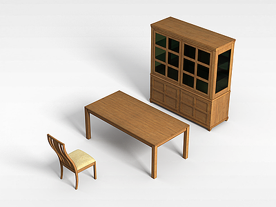 3d实木书房桌椅柜模型