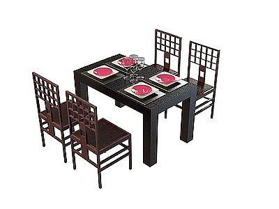 中式实木复古桌椅模型