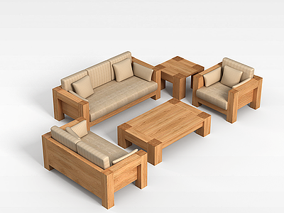 3d木质沙发茶几组合模型