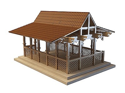 3d古建筑室外木质凉亭模型