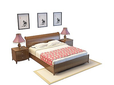 3d中式实木双人床模型