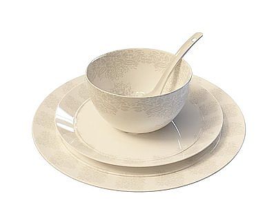 白色印花陶瓷碗碟餐具模型3d模型
