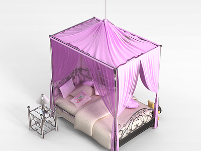 3d粉色纱帘双人床模型
