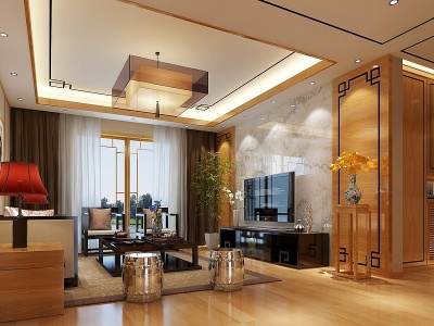 3d新中式家装客餐厅模型