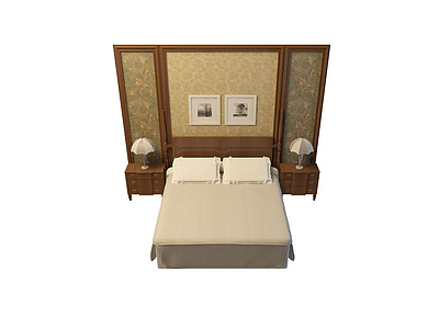 新现代床头背景双人床模型3d模型