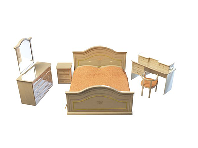 3d中式现代实木双人床免费模型