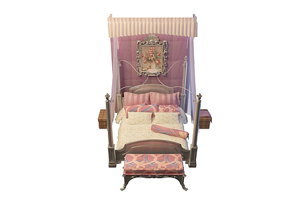 3d粉色欧式双人床免费模型
