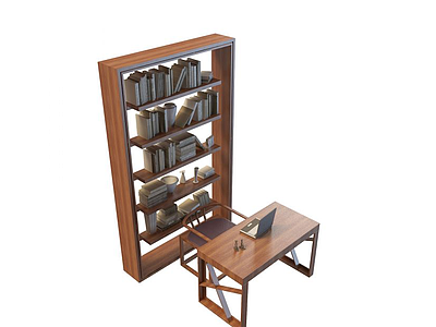3d实木书房桌椅模型