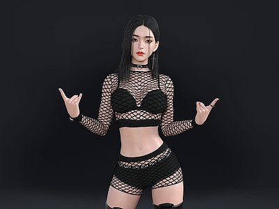 3d朋克风美女黑衣网衣DJ少女模型