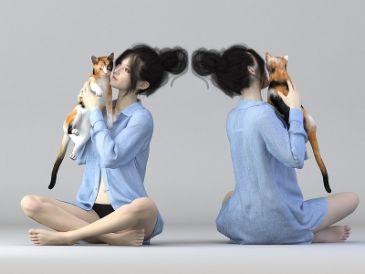抱猫的美女人物模型