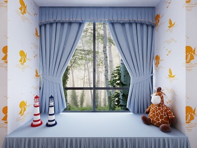 3d儿童窗帘窗台垫组合模型