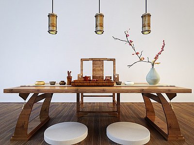 3d新中式矮茶几茶桌坐垫组合模型
