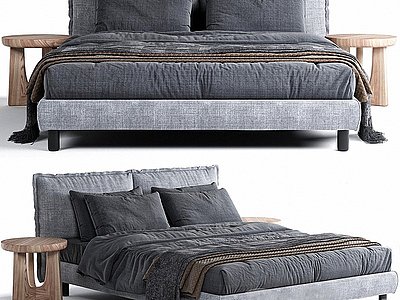3d现代灰色调双人大床模型