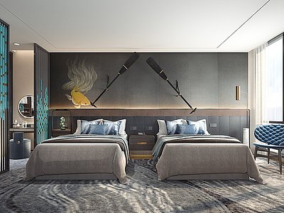 3d现代酒店双床房卧室模型