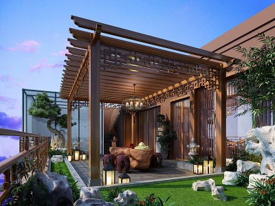 新中式阳台花园模型3d模型